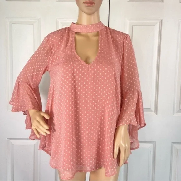 Band of Gypsies Floral Appliqué Bell Sleeve Sheer Blouse - Picture 6 of 17